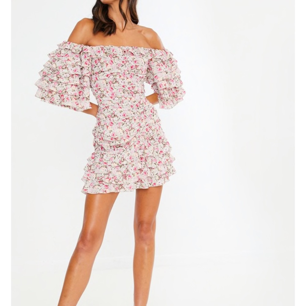 InTheStyle x Lorna Luxe ruffle off shoulder dress